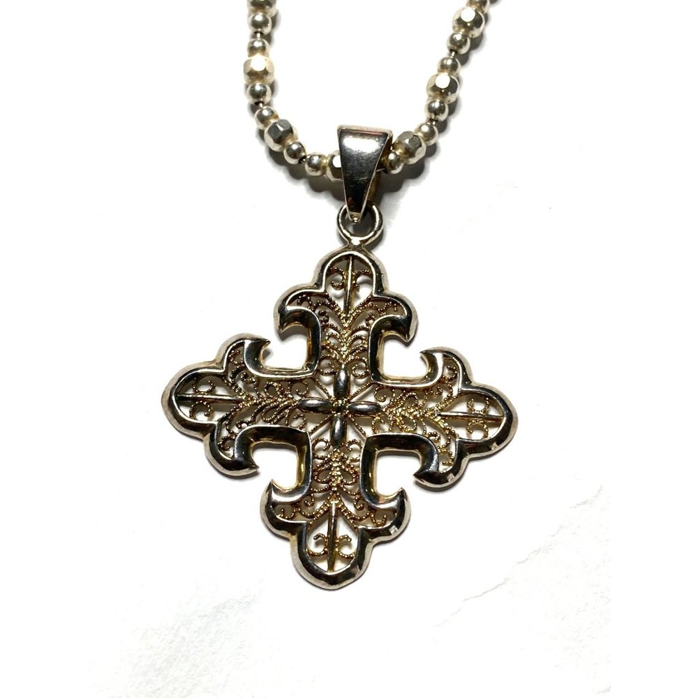 MILOR ORNATE ITALY CROSS Chain vintage ball bead 17" pendant 1.5"‎ necklace 17g